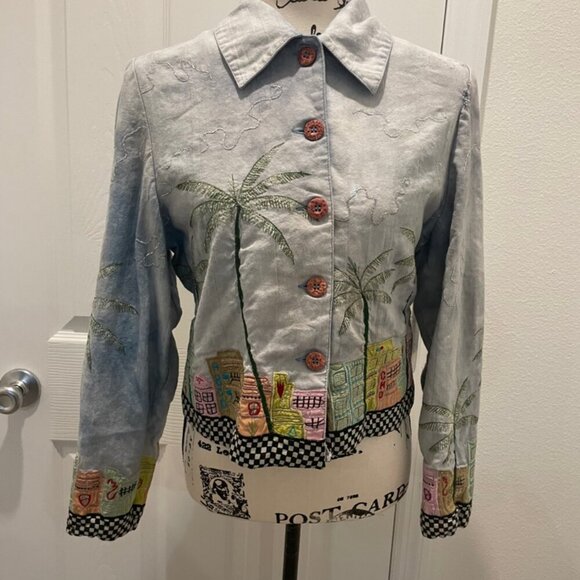 Y2K FUNKY JACKET MIAMI BEACH ART EMBROIDERED CITY DEMIN BLUE COLORS SZ XS RETRO - Picture 14 of 16